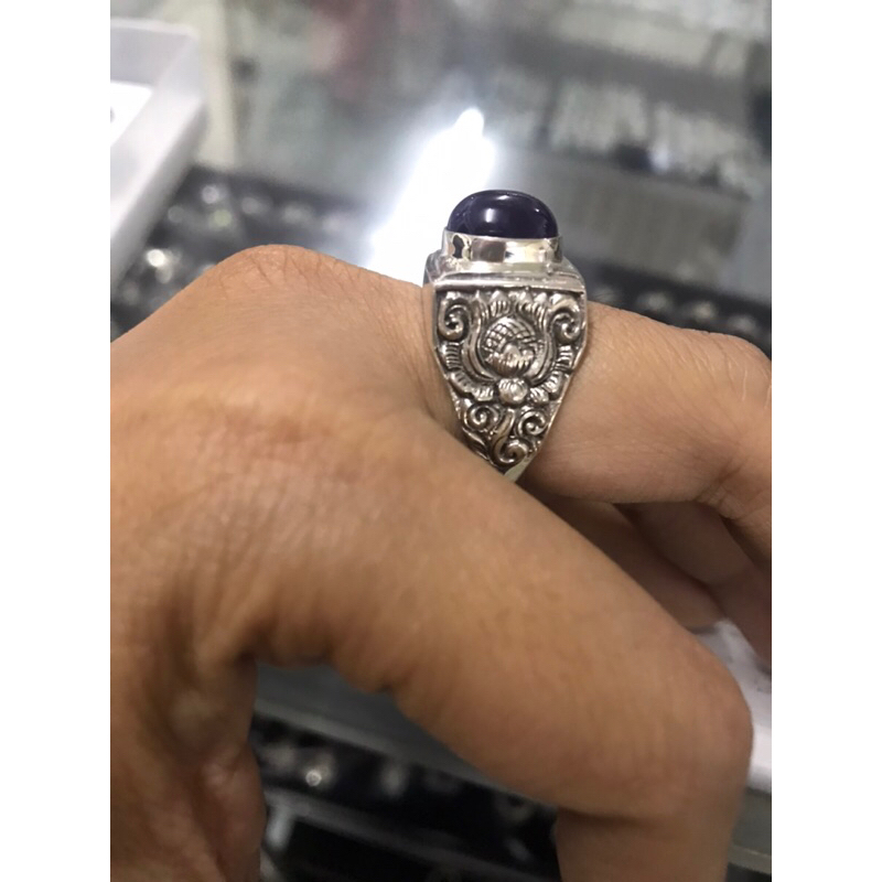 cincin perak pria motif persegi dg permata oval 10x12mm