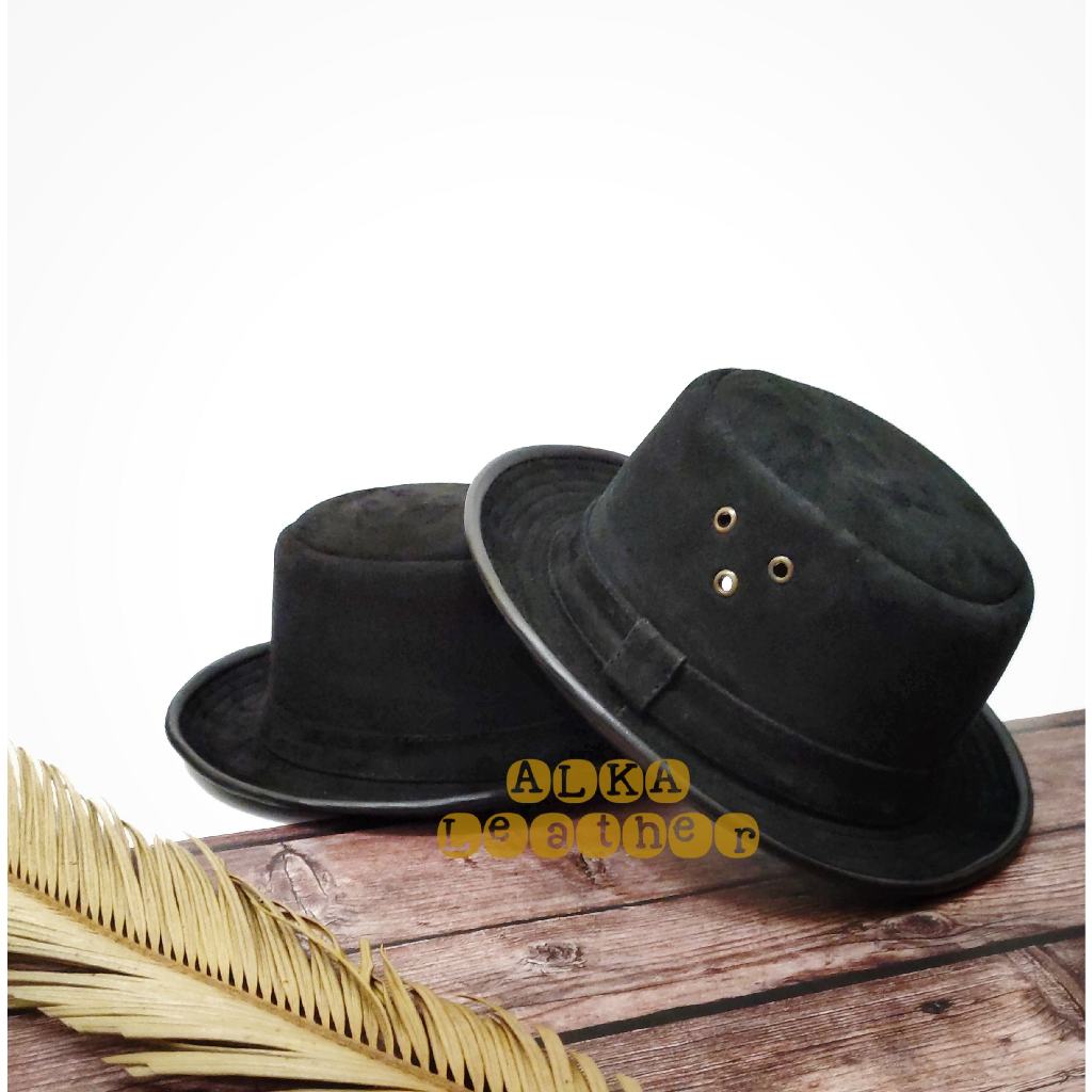 Topi Fadora Bucket Bulat Pria Kulit Sapi Buck Asli