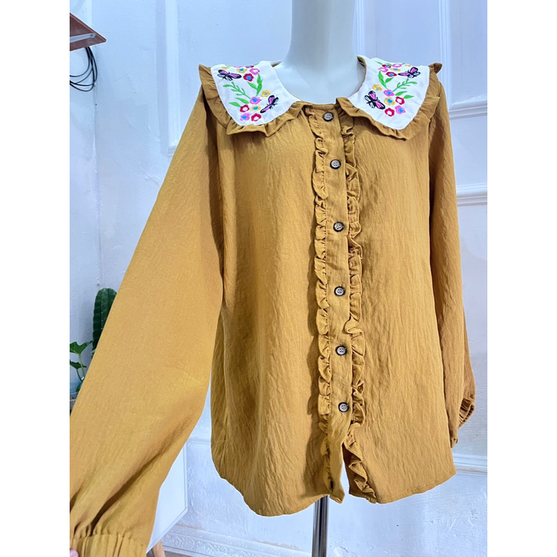 blouse bordir ruffle kerah korea