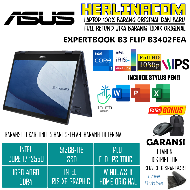 Laptop 2in1 Asus Expertbook B3 Flip B3402FEA Intel Core i7 1255U RAM 40GB 1TB SSD 14.0 FHD IPS TOUCHSCREEN Windows 11