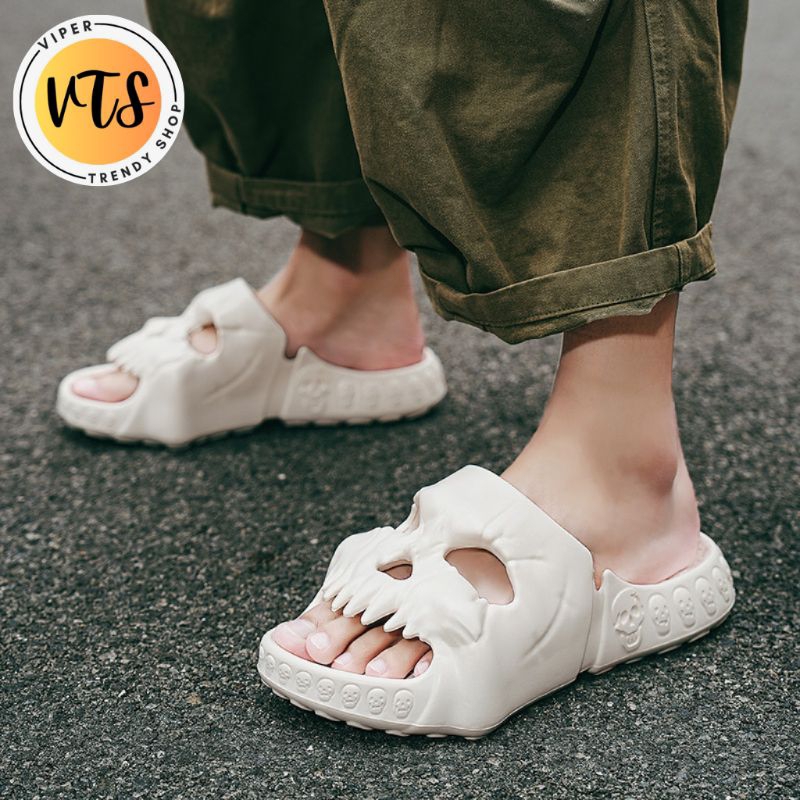 Sandal Slop Pria Wanita Tengkorak Slip On Kekinian Terbaru Sendal Slide Karet Unik Cowok Cewek Viral