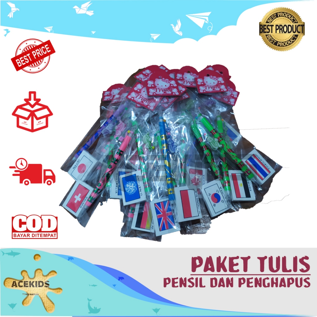 Acekids Set Alat Tulis Pensil Hitam Dan Penghapus Setip Gambar Bendera Negara