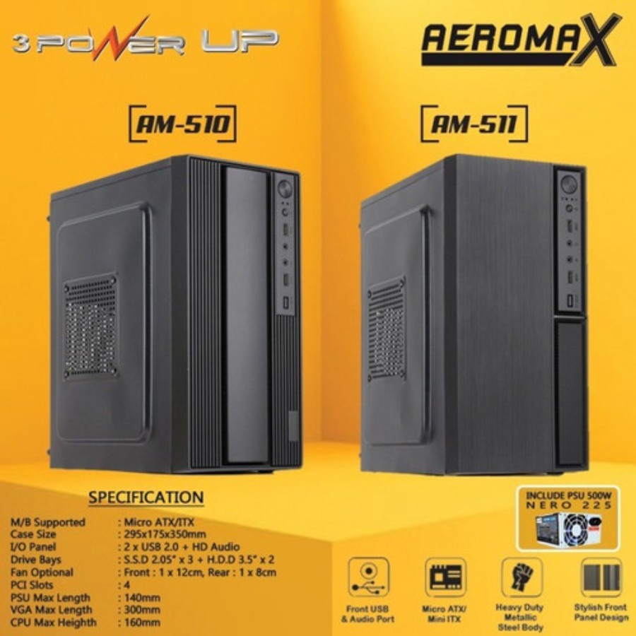Casing PC / Case PC Power Up Aeromax 510 / Aeromax 511 include PSU 500W