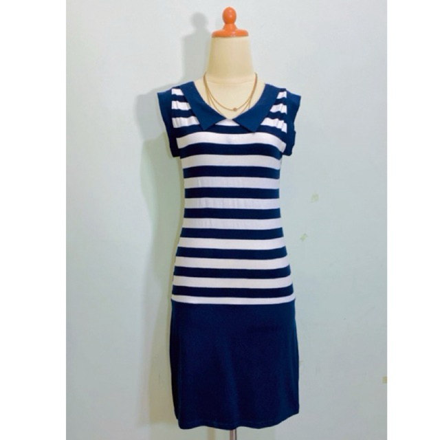 Dress midi mini bahan stretch tebal motif garis garis salur kerah model sailor di belakang warna vay