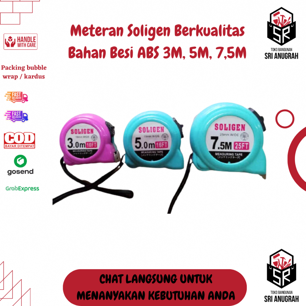 Meteran Soligen Berkualitas Bahan ABS 3M 5M 7,5M