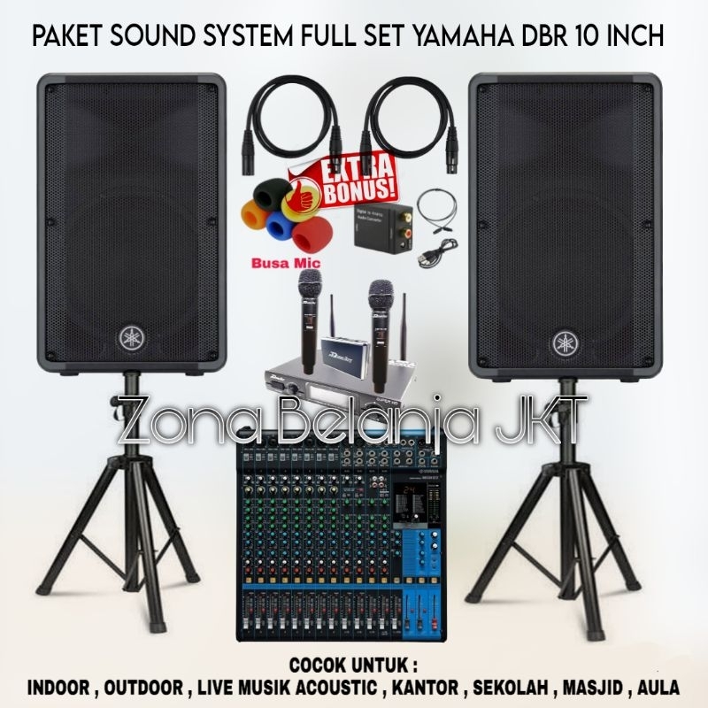 PAKET SOUND SYSTEM INDOOR OUTDOOR FULL SET SPEAKER YAMAHA DBR 10 INCH AKTIF MIXER YAMAHA 16 CHANNEL 