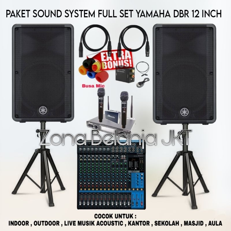 PAKET SOUND SYSTEM INDOOR OUTDOOR FULL SET SPEAKER YAMAHA DBR 12 INCH AKTIF MIXER YAMAHA 16 CHANNEL 