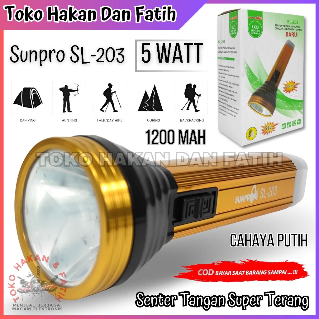 Senter Tangan Isi Ulang 5W SL-203 ( Gratis Bohlam ) Senter Genggam Sunpro LED Super Terang SL-203 Fr