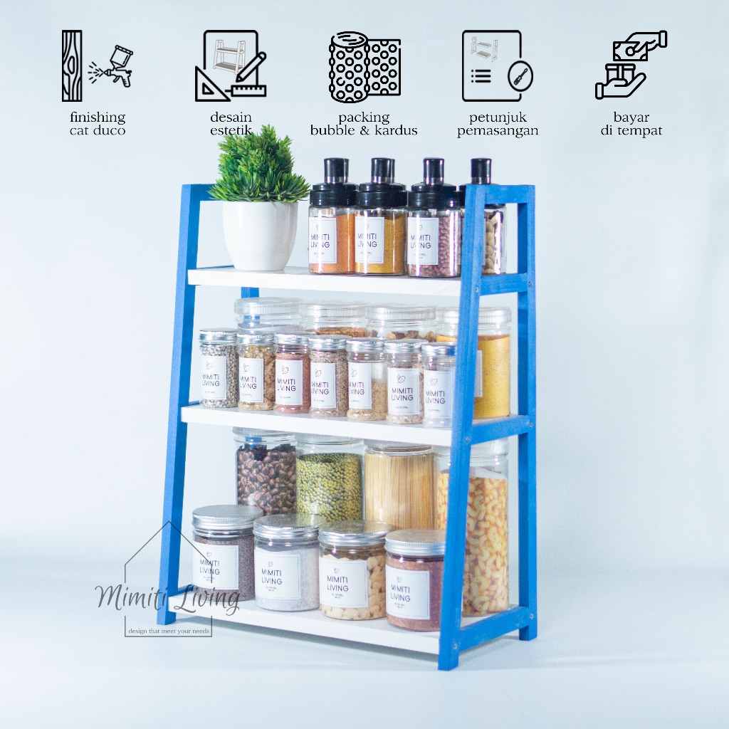 RAK JUMBO.. Rak kayu 3 susun serbaguna/ rak bumbu dapur besar/ rak kosmetik/ rak kayu warna biru