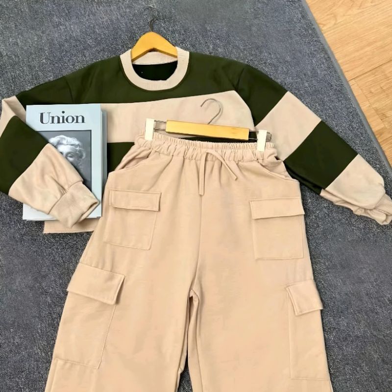 ONESET KIYOWO SWEET PANTS JOOLY UP CARGO WANITA OVERSIZE JUMBO SETELAN SWEATER CROPE WANITA + CARGO