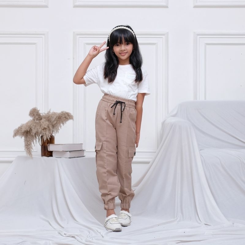 Celana Panjang Joger Cargo Anak Wanita Umur 6~15 Tahun