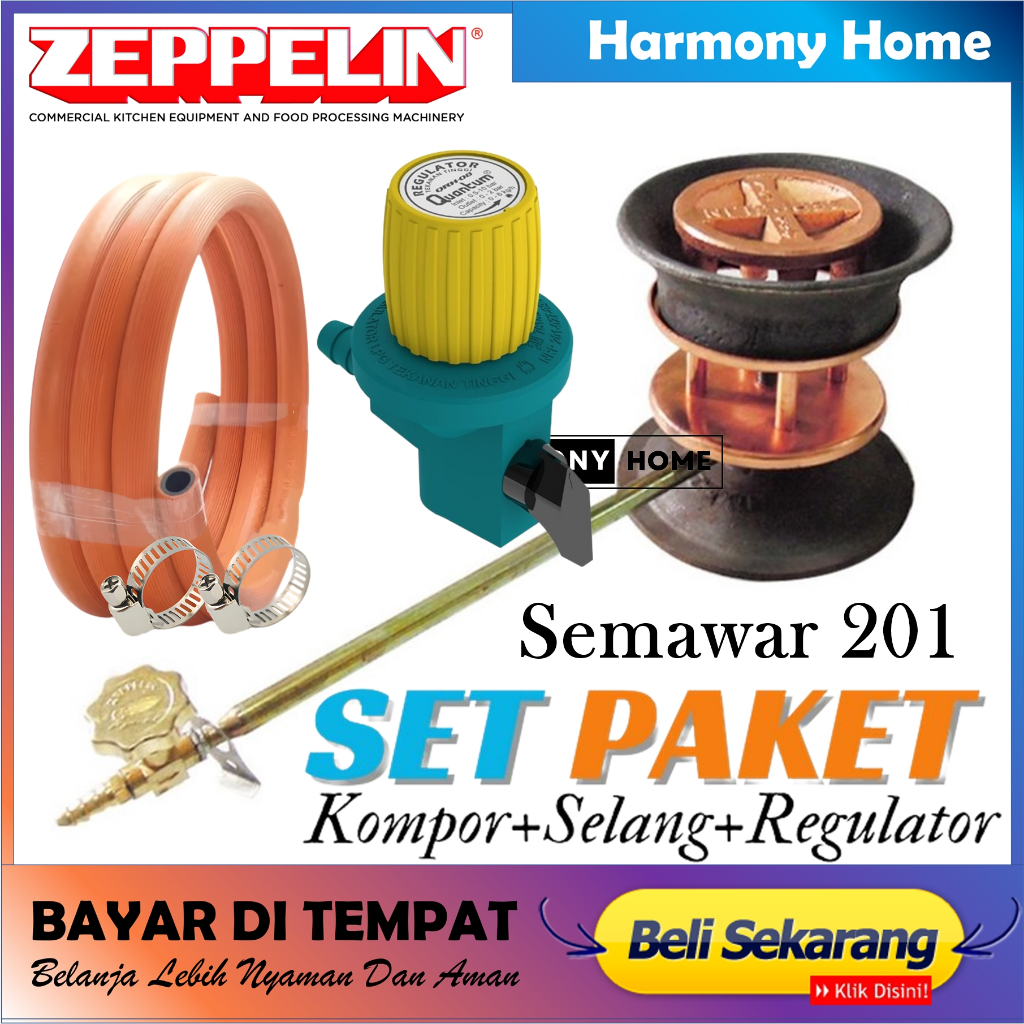 Zeppelin Kompor Gas Semawar 201+Selang Gas Oren+regulator Quantum Non Meter Semawar Tekanan Tinggi K
