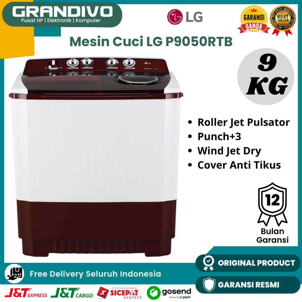 Mesin Cuci LG 2 Tabung 9KG P9050 Tutup Transparan Low Watt Roller Jet Pulsator Garansi LG - Grandivo