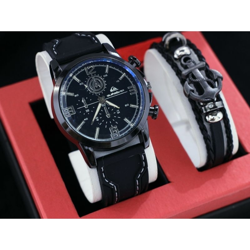 jam tangan pria Quicksilver rubber + gelang+ box & batrai cadangan
