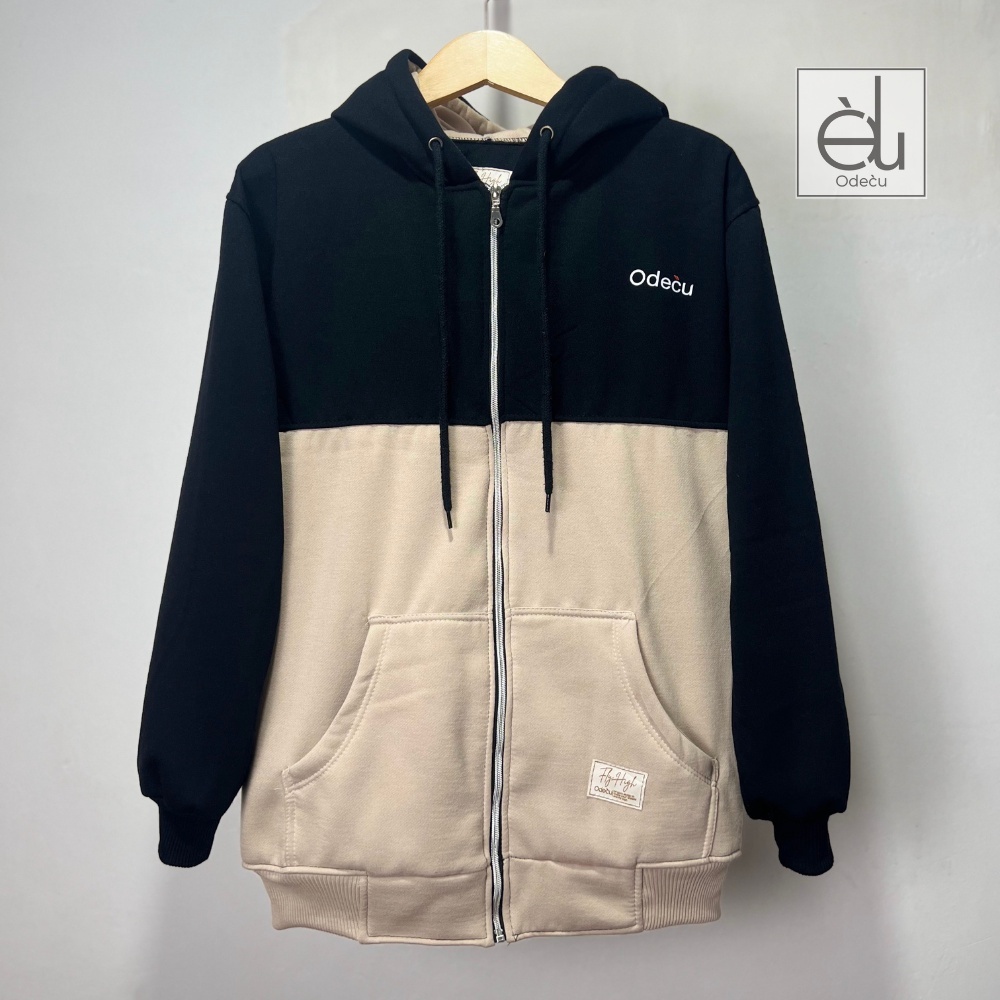 HOODIE PREMIUM ZIPPER TWO COLOR BLACK BEIGE SWEATER PRIA WANITA ODECU