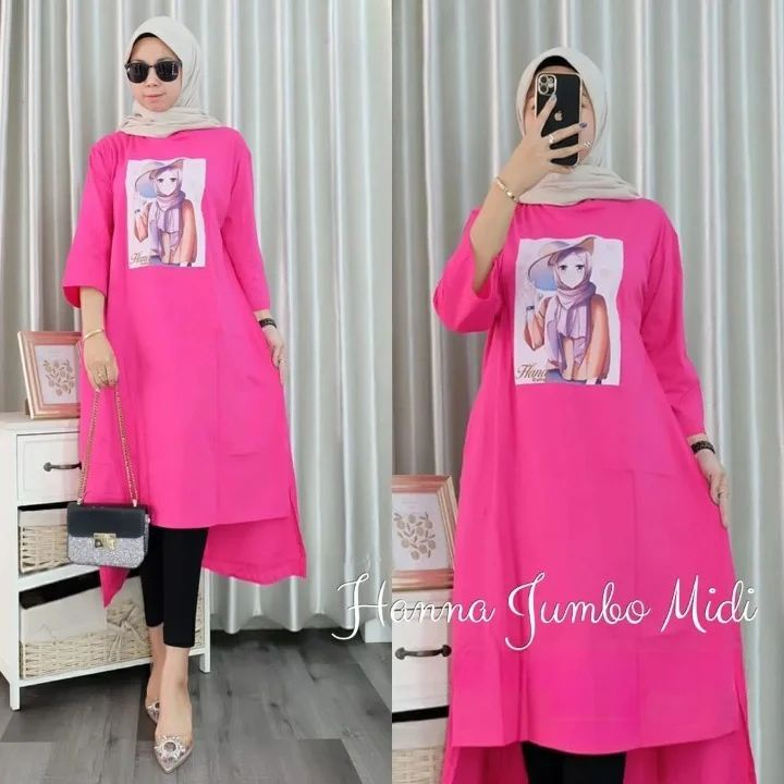 Gamis Wanita Terbaru Hanna midi dress bahan kaos katun combed 24s Aplikasi sablon ukuran S M L XL XX