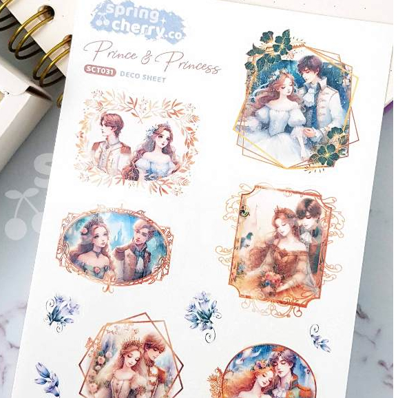 

PRINCE & PRINCESS sticker deco sheet [SPRINGCHERRY] A6 journaling planner waterproof premium vinyl holographic hologram starry star stiker bujo cahol notebook buku estetik aesthetic sand bubble cute manga anime couple love romantic romantis valentine