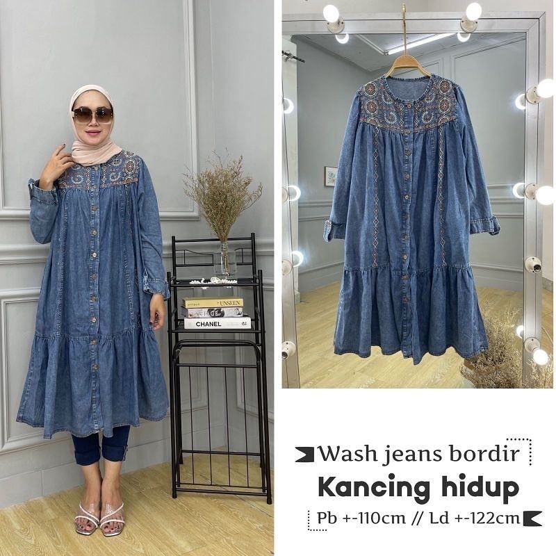 Atasan Tunik Jeans. Fashion Wanita. Baju Wanita. Fashion Muslim. Tunik bordir Jeans