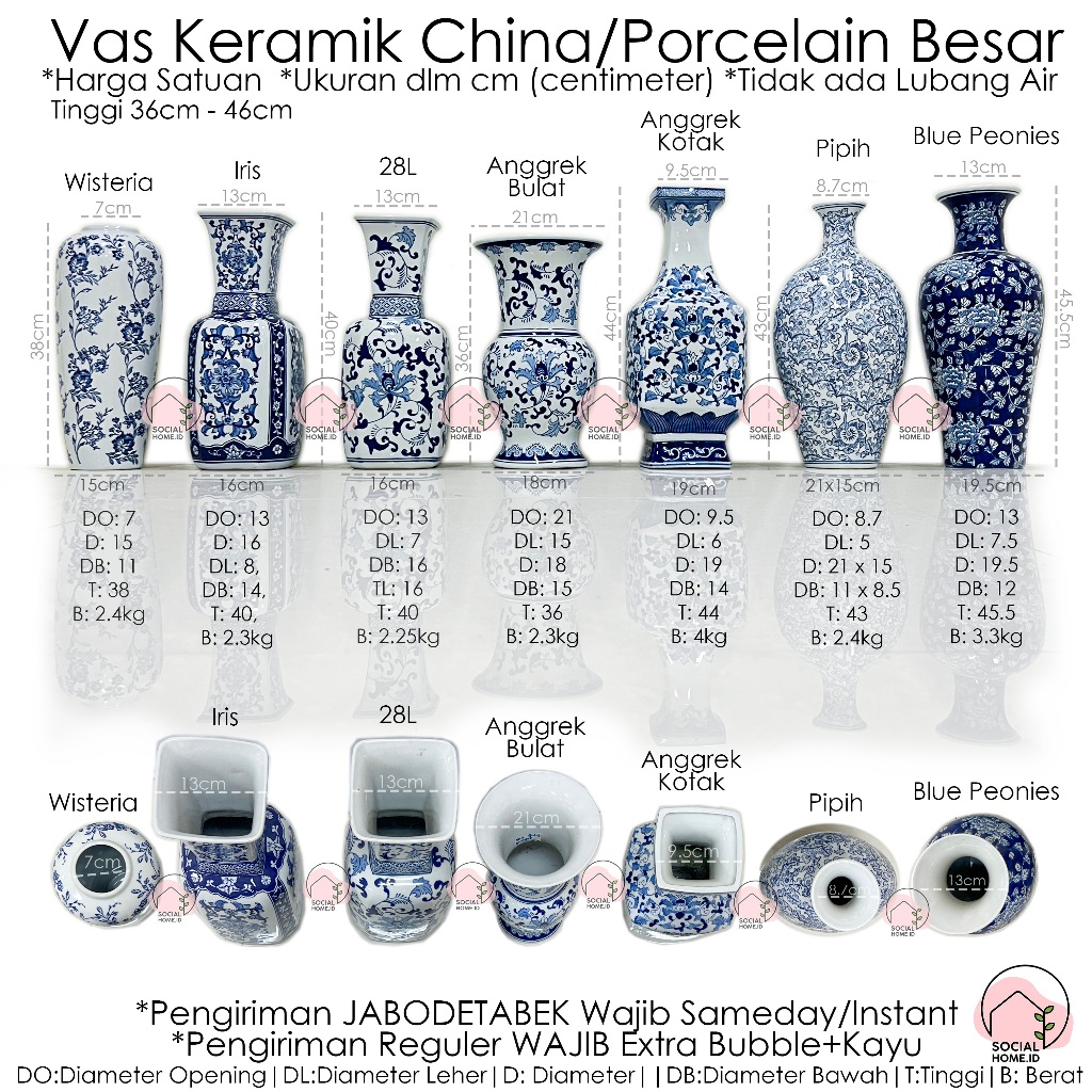Vas Bunga Keramik Porcelain China Putih Besar, Tinggi 36 38 40 43 45 cm (T 36-45cm)