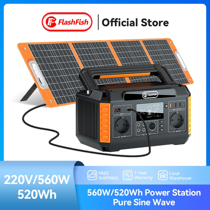 Ready - (560W Portable Power Station+100wp Solar Panel) FlashFish Paket Solar Cell Portable Power St