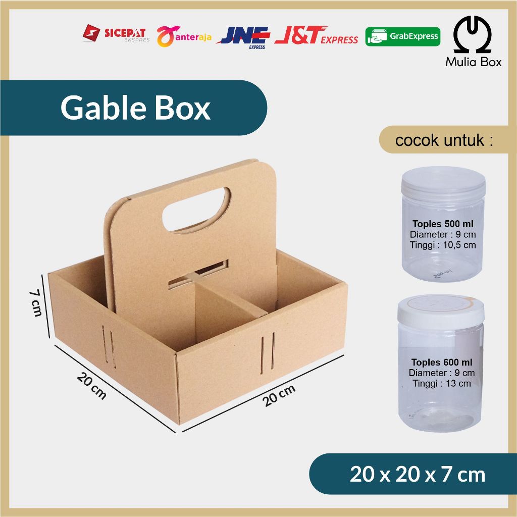 

Kardus Packing Jinjing / Gable Box 20 x 20 x 7 cm 4 Jar Toples 500-600ml Hampers Kue Kering Die Cut