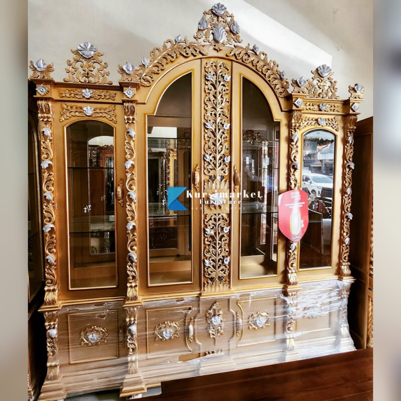 Lemari hias kayu jati ukir warna gold mewah almari hias galamara jumbo