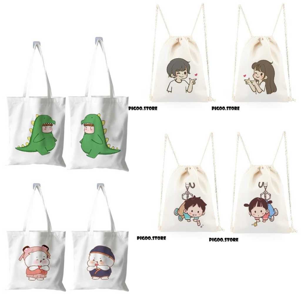Tote Bag Tas Serut Kanvas Couple Pasangan / Tas Couple Lucu / Tas Couple Pasangan Cewe Cowo / Tas Ke