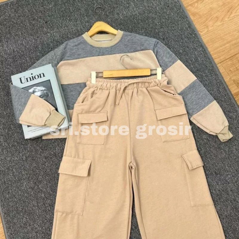 ONESET KIYOWO SWEET PANTS JOOLY UP CARGO WANITA OVERSIZE JUMBO SETELAN SWEATER CROPE WANITA + CARGO