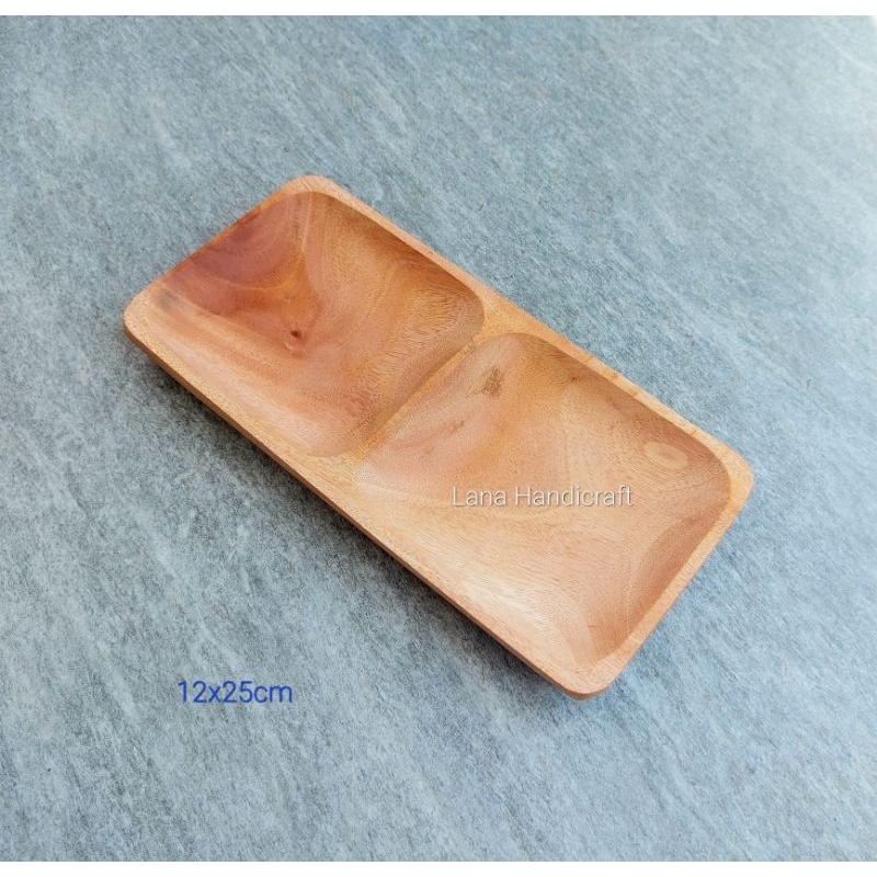 Piring kayu/piring persegi/piring sekat 2/piring saji kayu mahoni 12x25cm