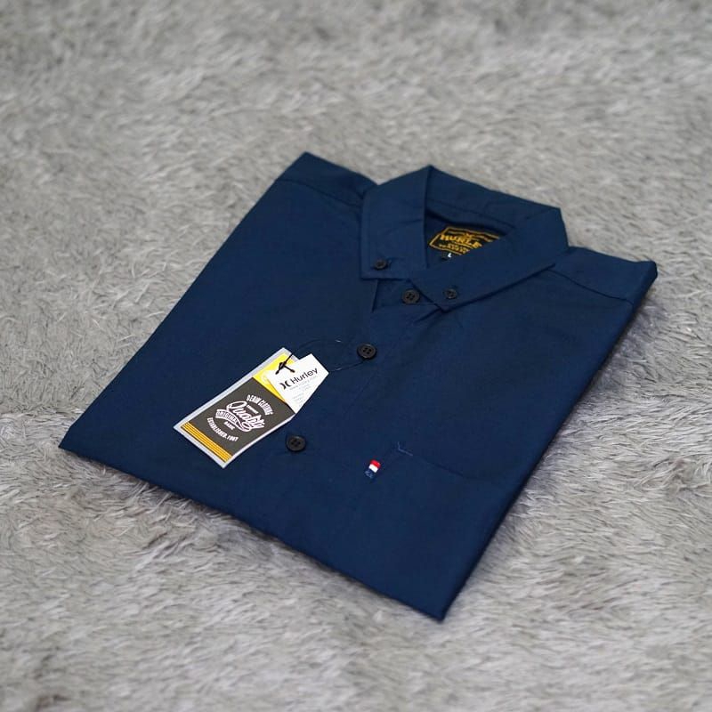 Kemeja Polos Pria Lengan Pendek Navy blue Bahan Katun Poplin Oxford Slimfit Hurley