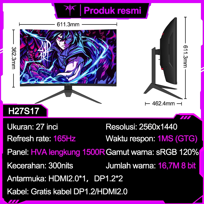 KTCMonitor 2K 27 inci 165HZ refresh tinggi HVA desktop pelindung mata gaming komputer layar lengkung-【27】165HZ-Surface
