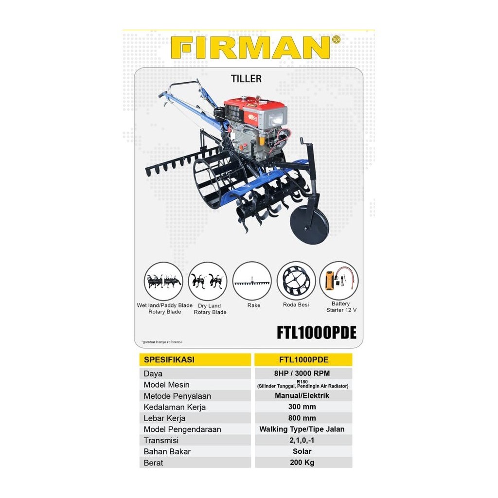 Firman FTL1000PDE / Mesin Traktor - Mesin Bajak Sawah FTL 1000PDE - Tiller Cultivator Mesin Bajak Sa