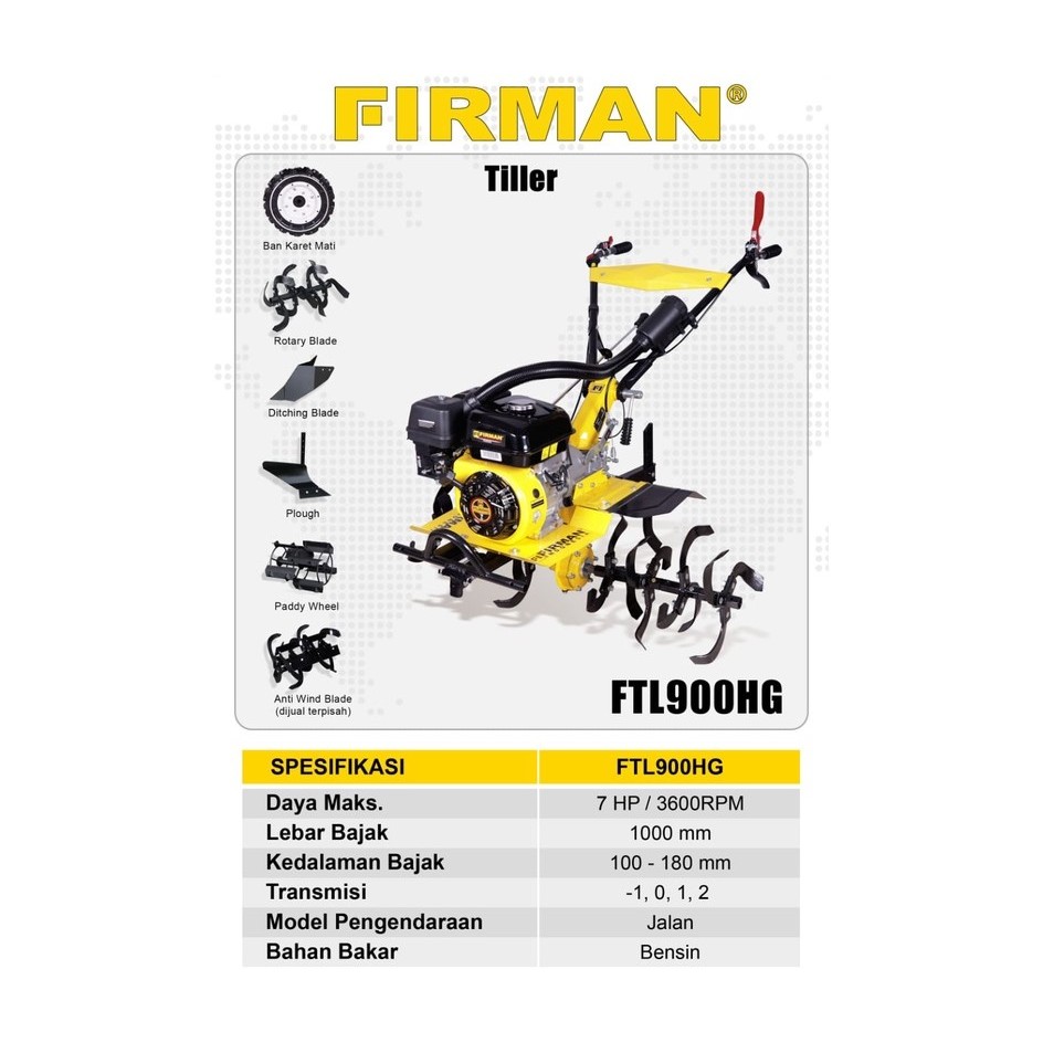 Mesin Traktor Mini Cultivator FIRMAN FTL900HG / Mesin Traktor Bajak Sawah Mini Basah Kering - Tiller