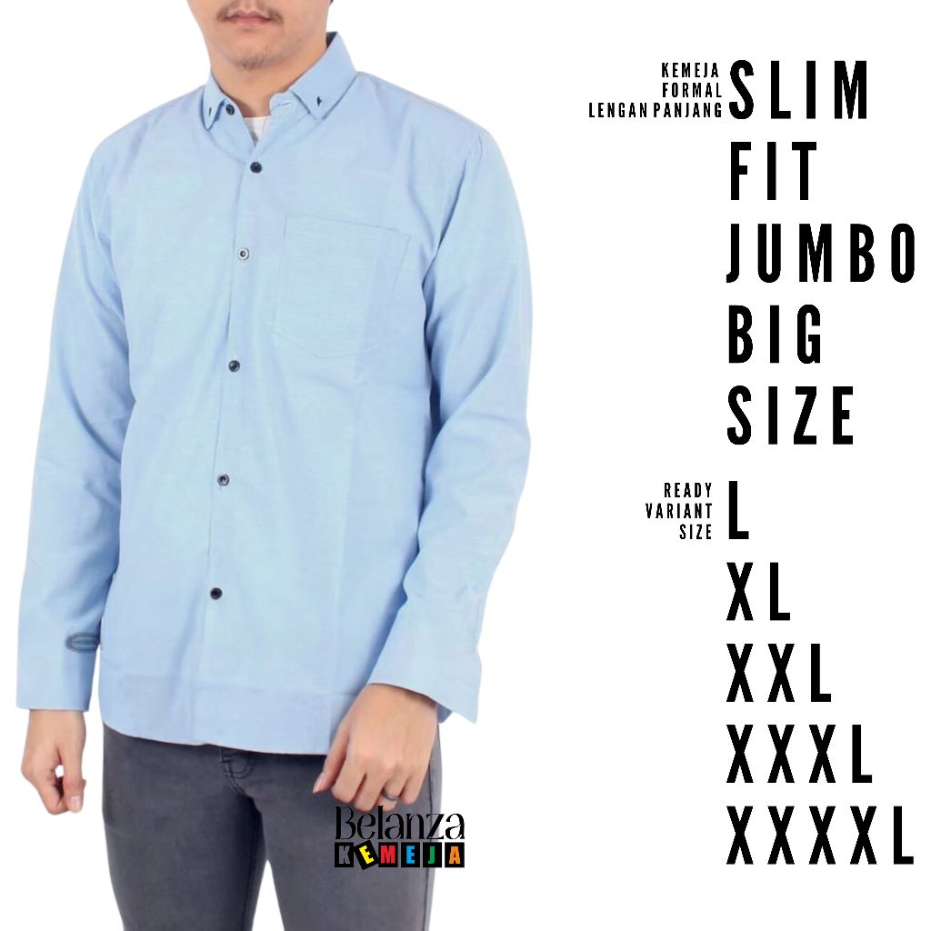 atasan kemeja pria lengan panjang warna biru muda biru langit size jumbo big size atasan formal polo