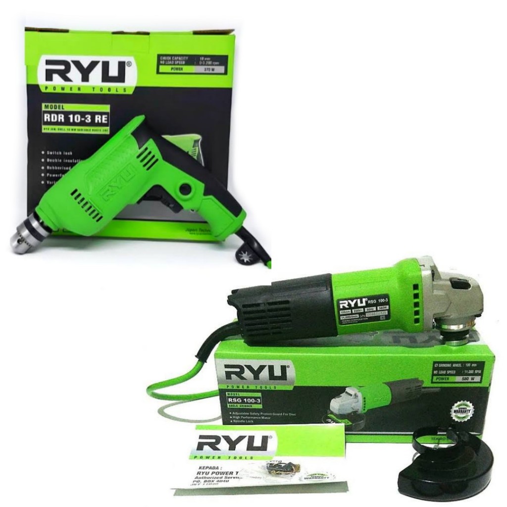 Paket Japan Technology Mesin Gurinda Listrik Tangan TEKIRO Ryu 4 Inchi 100mm & Mesin Bor Tangan Ryu 