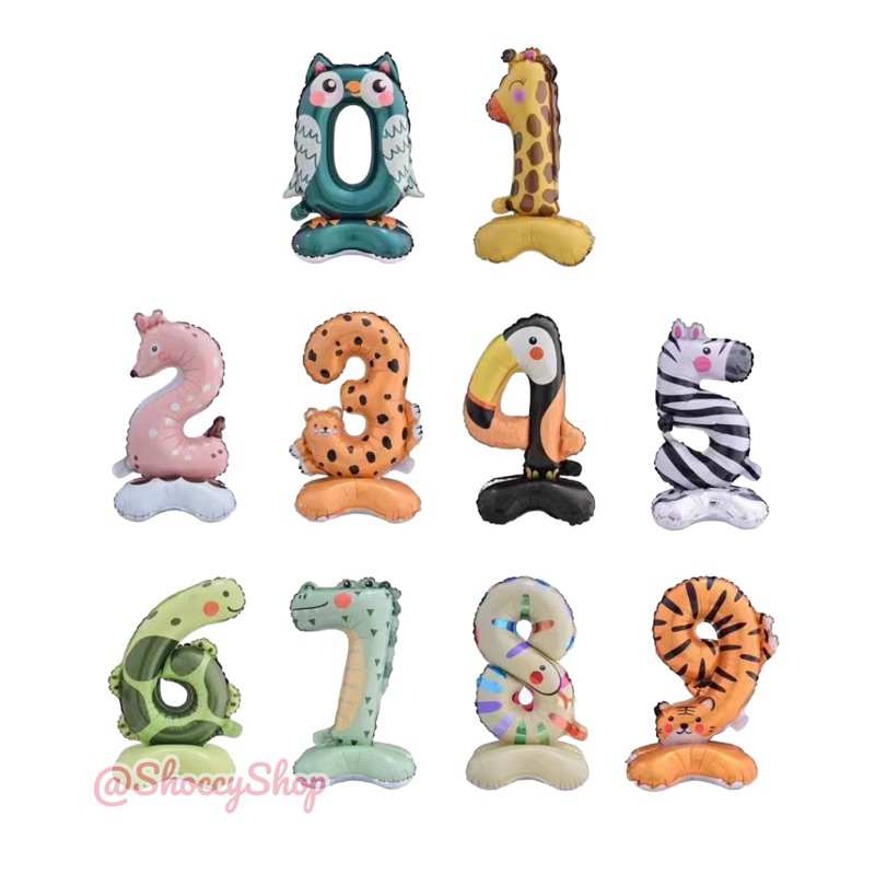 Balon Foil Angka Standing - 60cm (Motif Animal / Binatang / Hewan / Jungle)