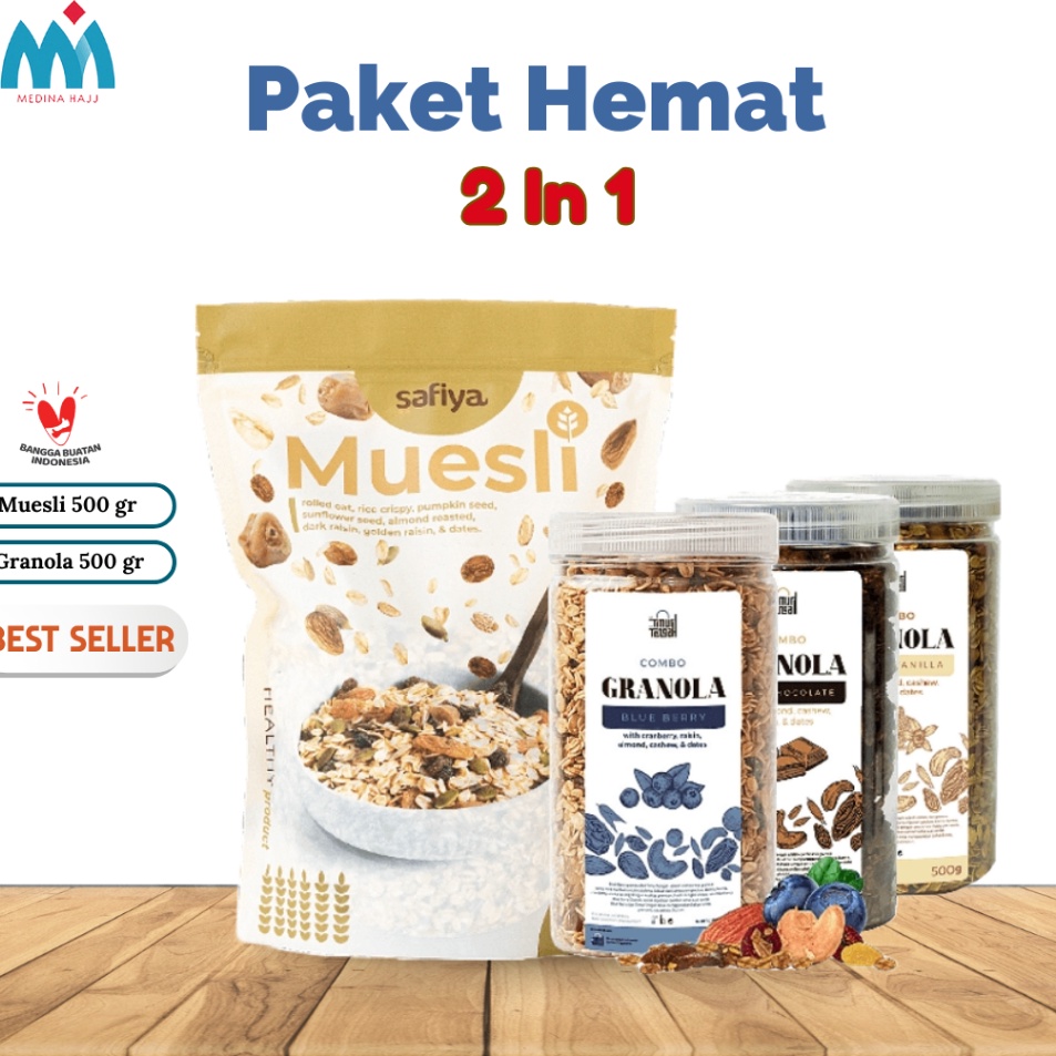 

Top banget Paket Hemat Special 2 IN 1 Muesli Safiya 5 gr Granola Timur Tengah 5gr