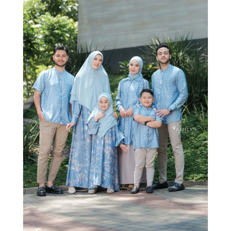 BAJU GAMIS COUPLE SARIMBIT FAMILY SET 2024 SILK MOTIF PREMIUM AMILY HIJAB XAVIER XYLON BABY BLUE DRE