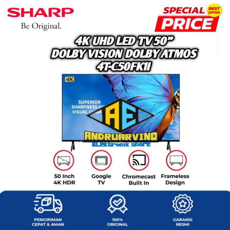 SHARP 4T-C50FK1I UHD 4K GOOGLE TV 50 INCH DOLBY VISION ATMOS GARANSI RESMI 4TC50FK1I