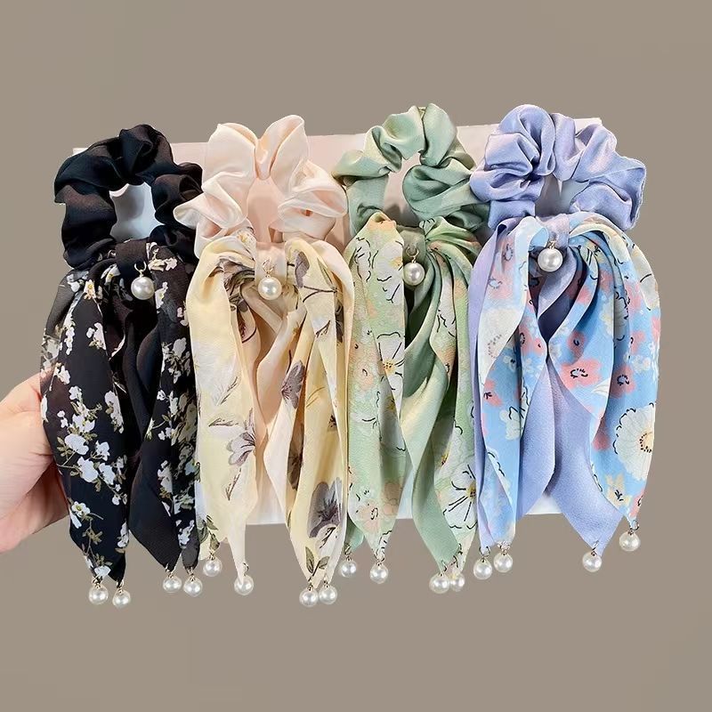 Ikat Rambut Pita Kain Satin Mutiara Wanita Korea