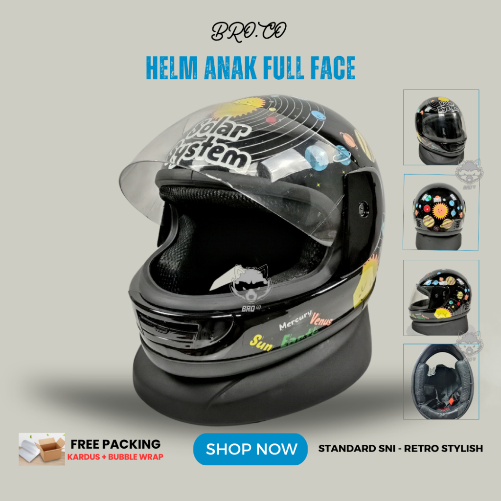 HELM FULL FACE ANAK ANAK KLASIK JUNIOR PREMIUM STANDARD SNI SOLAR SYSTEM HITAM GLOSSY BROKIDS BRO.CO