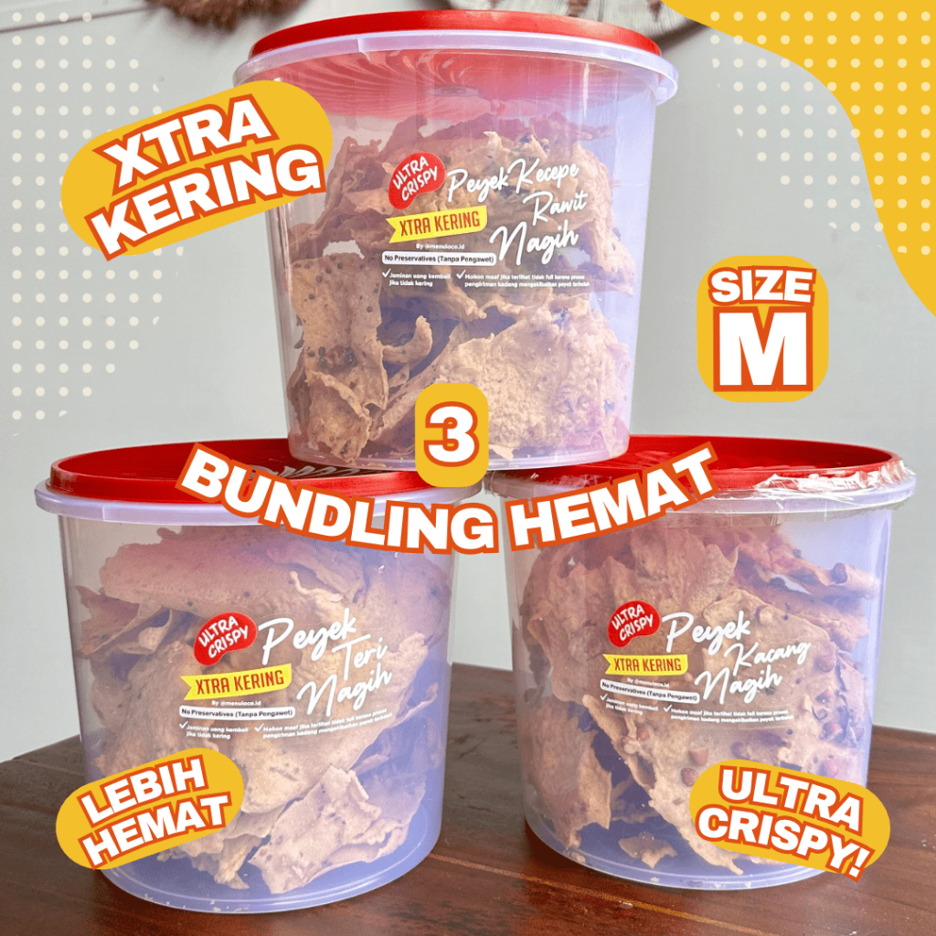 

BUNDLE isi 3 TONG Peyek kacang/teri/kecepe rawit Nagih @menuloco.id size M (pengiriman dalam kota)