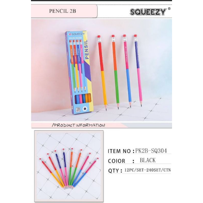 

PENSIL 2B SQUEEZY PK2B-SQ304 PENGHAPUS+SUDAH DI SERUT BICOLOR ISI12PCS