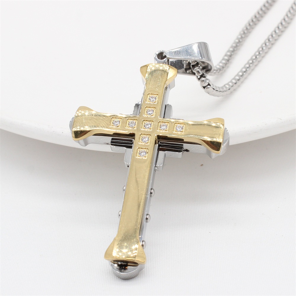 Ay00 Kalung Liontin Baja Titanium Salib Besar Pria Bertatahkan Berlian