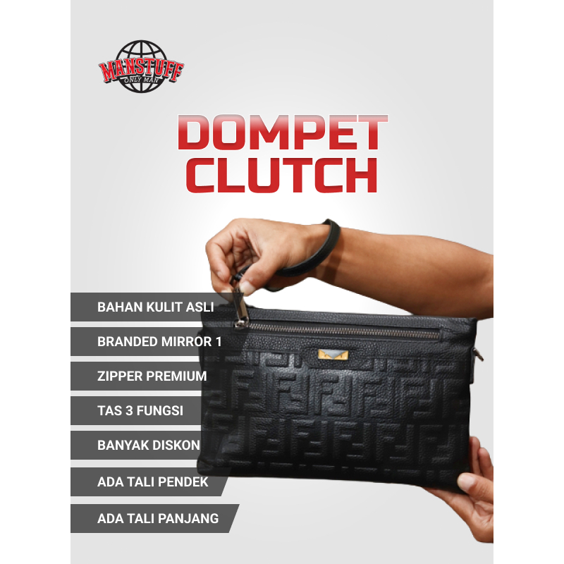 Handbag Hand Bag Clutch 3 Fungsi Pria Kulit Branded Premium Merk Fendi Hitam Embos Logo Mata Kuning