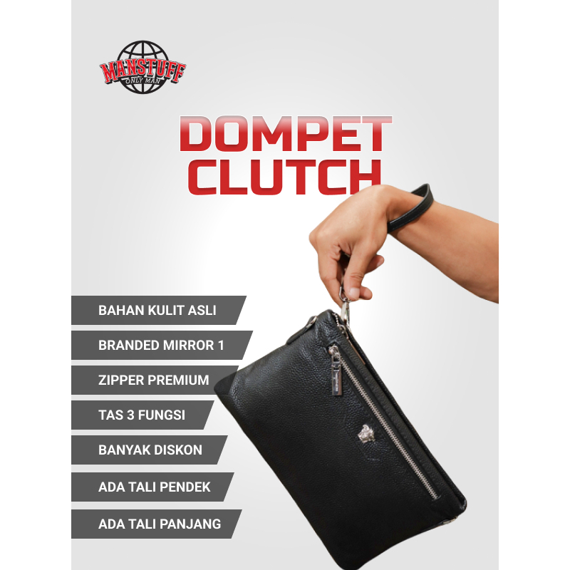 Handbag Hand Bag Clutch 3 Fungsi Pria Kulit Branded Kualitas Premium Merk Versace Hitam Polos