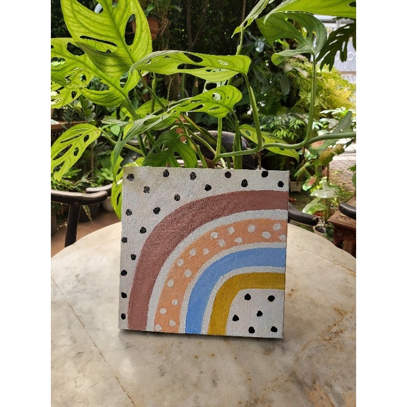 

White Rainbow 25x25cm.Lukisan Kanvas Acrylic, Tema Boho dan Retro, Lukisan Tangan Asli, Kanvas Spanram Tinggal Gantung