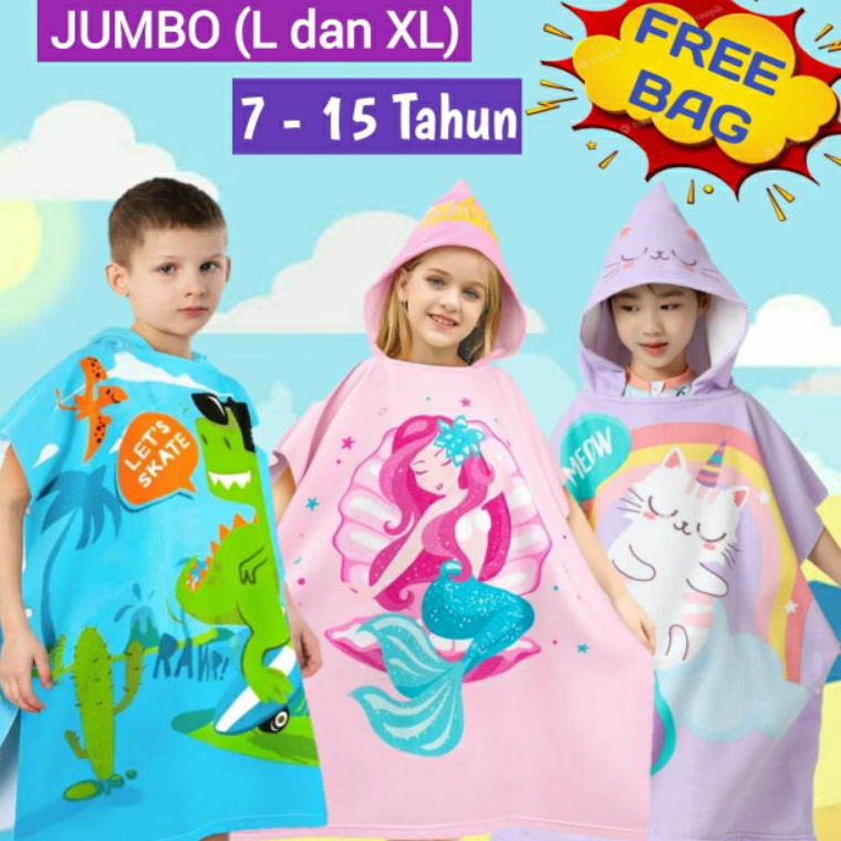 HANDUK PONCO JUMBO ANAK USIA 6 7 8 9 1 11 12 13 TAHUN HANDUK RENANG HOODIE KARAKTER SIZE BESAR REMAJ