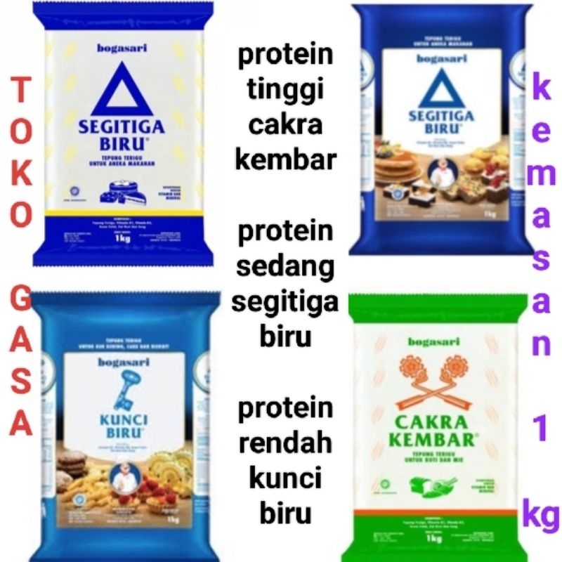 

tepung terigu bogasari kunci biru premium - segitiga biru - Cakra kembar/tepung segitiga biru protein sedang/tepung kunci biru protein rendah/tepung cakra kembar protein tinggi/tepung serbaguna/tepung adonan roti- kue kering-donat- mie- bolu kemasan 1kg