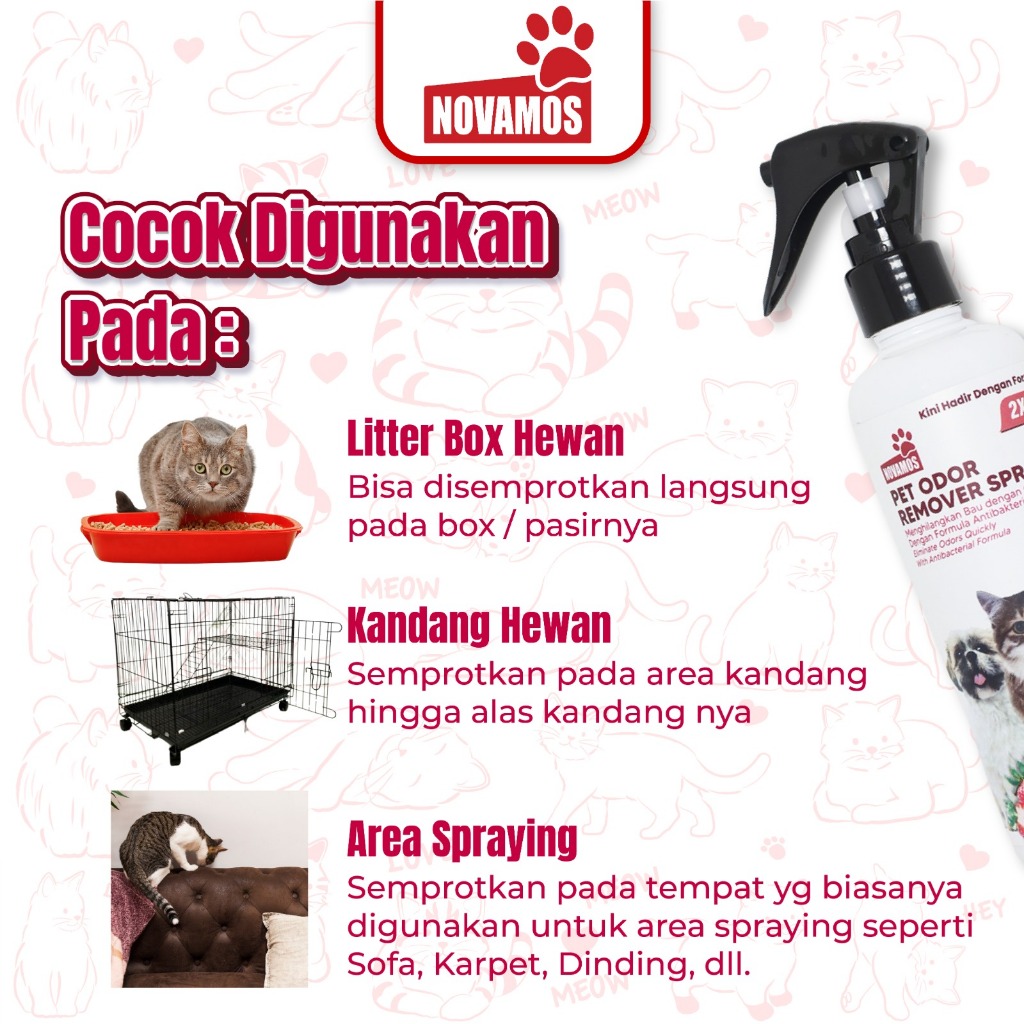 NOVAMOS Paket Odor Remover 250 ML + Refil 1 L - Penghilang Bau Kotoran Kucing dan Anjing Pet Odor Remover Spray Parfum Pewangi Pengharum Pasir Kucing Penghilang Bau Pesing Kandang Kucing
